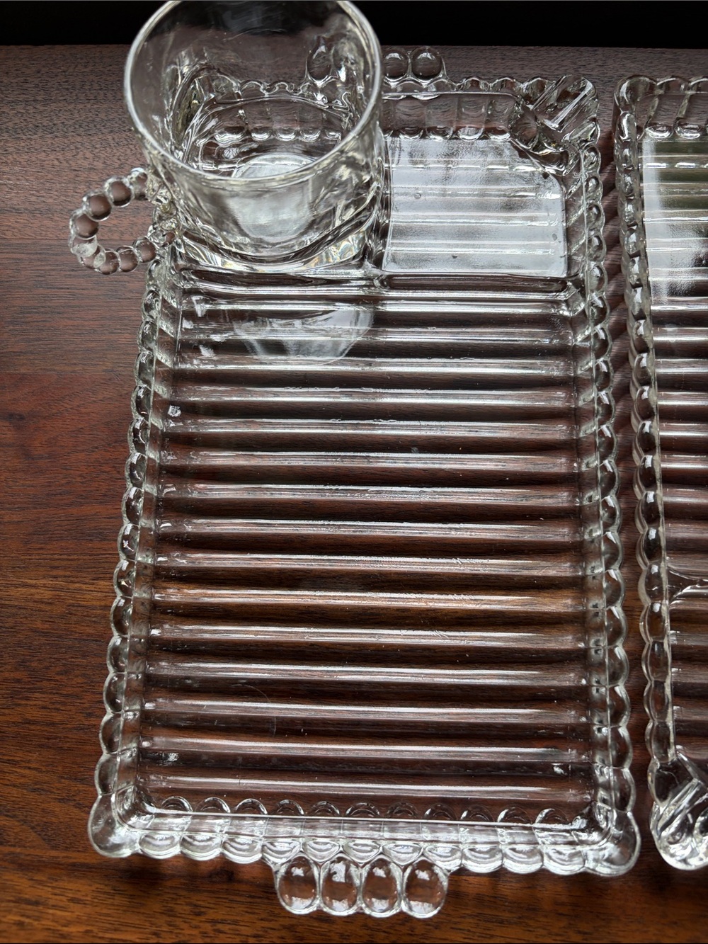 Set of 4 Vintage Hazel Atlas Ball & Rib Glass Sip N Smoke Luncheon Snack Tray